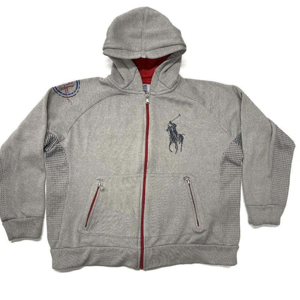 Polo Ralph Lauren Full Zip Hoodie Youth Medium Gray Big Pony Stretch Boys Kids